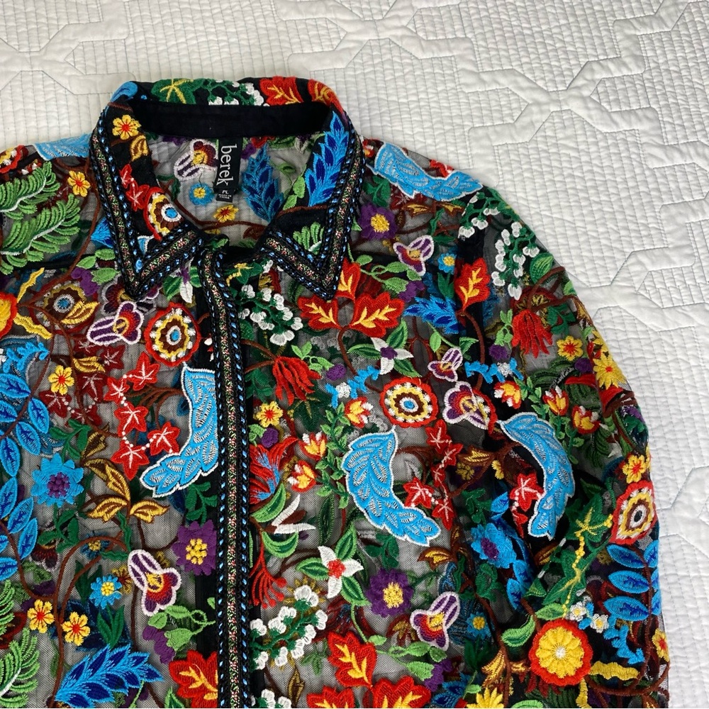BEREK Petite L Floral Embroidered Black Mesh Button Down Shirt Blouse *flaw - Picture 4 of 14